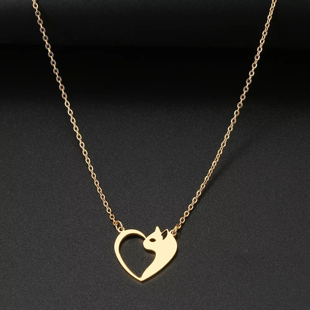 Women's Fashion Stainless Steel Heart Cat Hollow Pendant Necklace