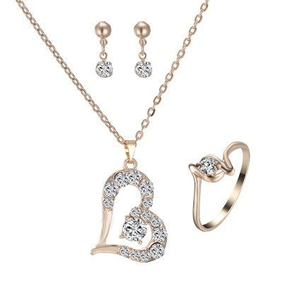 4 Pcs Heart Pendant Jewelry Set Rhinestone