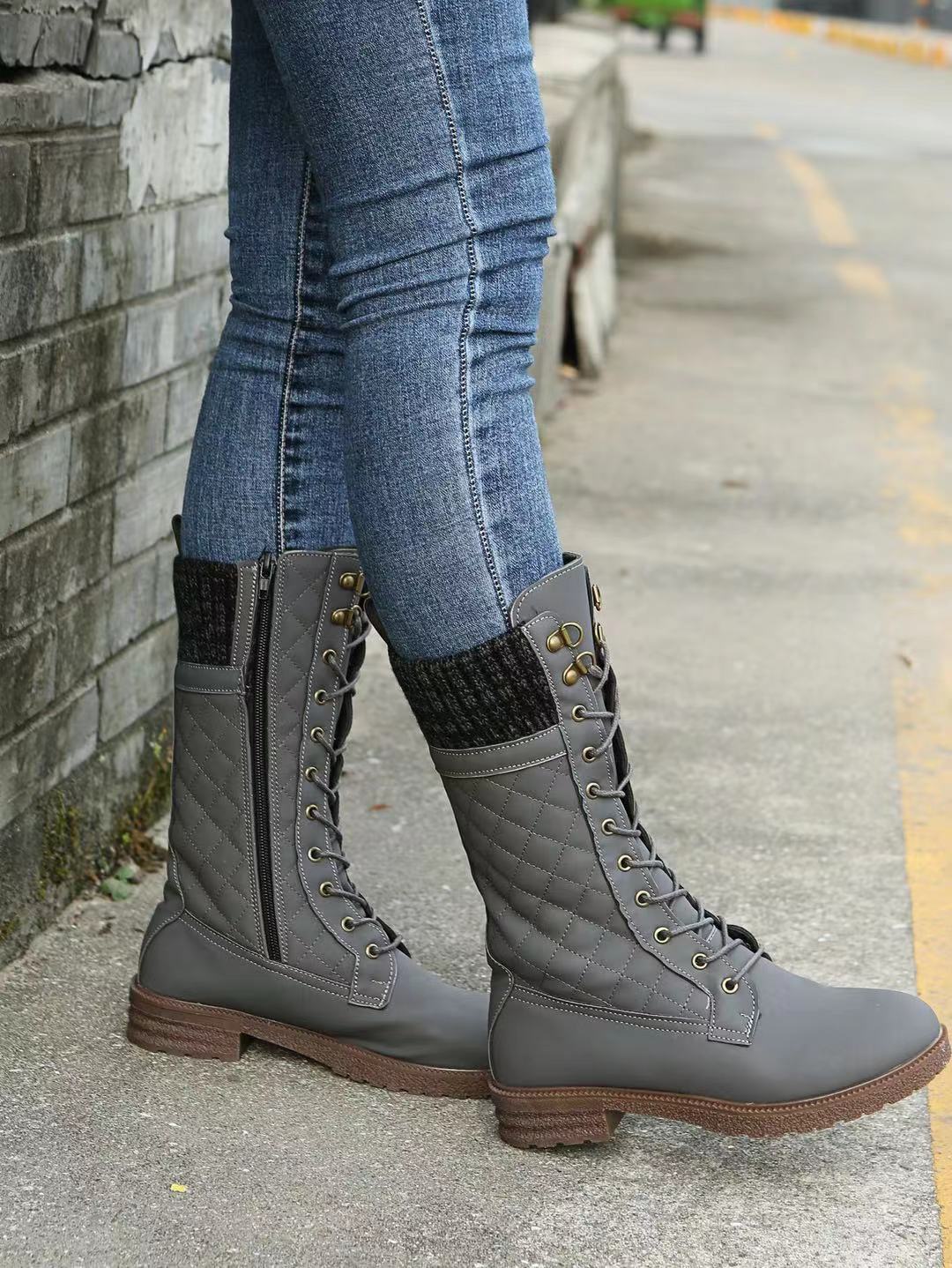 Women's Leather Snow Boots Mid-Calf Flat Heel