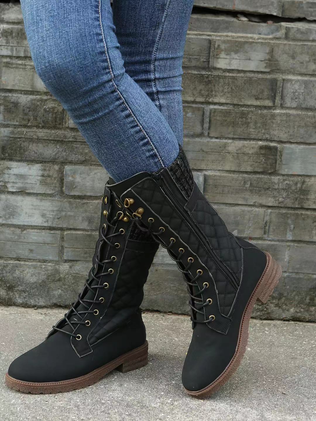 Women's Leather Snow Boots Mid-Calf Flat Heel
