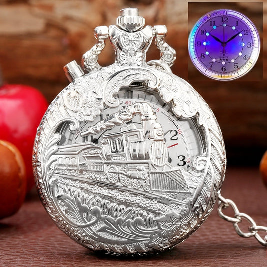 Unisex Silver Retro Locomotive LED Quartz Pocket Watch