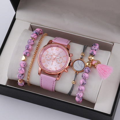 Women's 5 Pcs Luxury Gold Purple Pink Bead Quartz Analog Watch & Jewellery Set