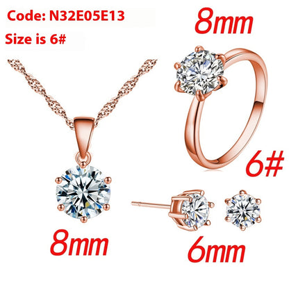 Women's Six-Claw Cubic Zirconia Necklace Ear Stud Ring Wedding Set