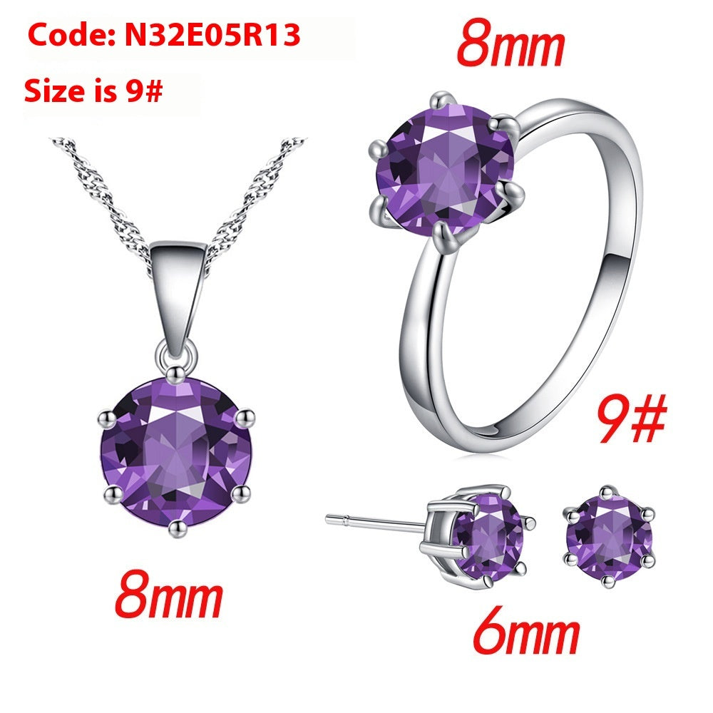 Women's Six-Claw Cubic Zirconia Necklace Ear Stud Ring Wedding Set