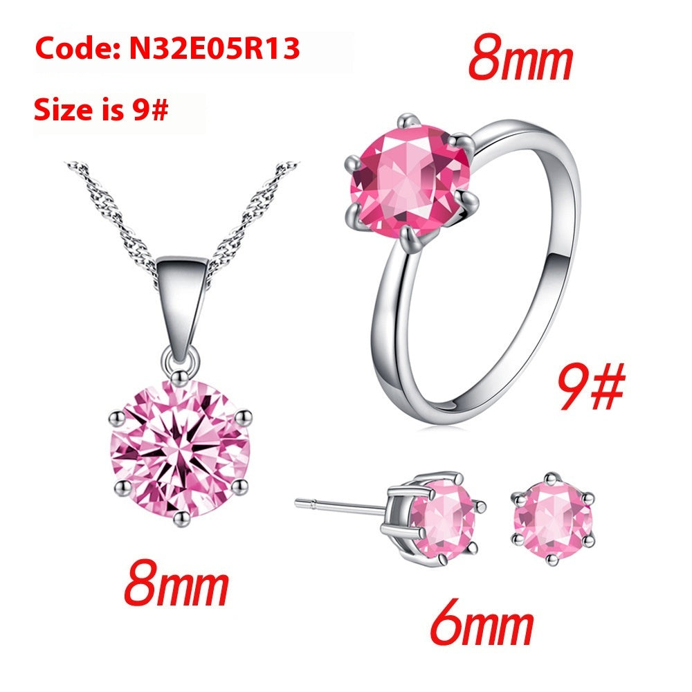 Women's Six-Claw Cubic Zirconia Necklace Ear Stud Ring Wedding Set