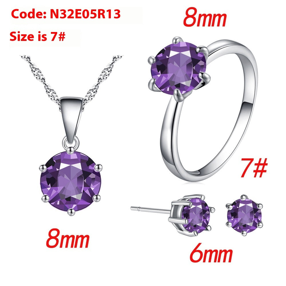 Women's Six-Claw Cubic Zirconia Necklace Ear Stud Ring Wedding Set