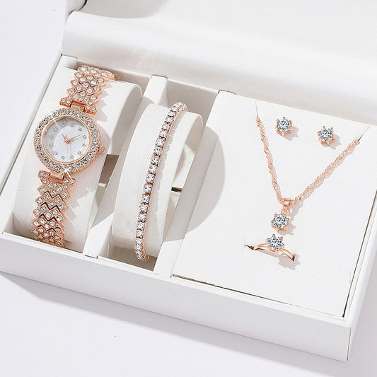 Women's 5 Pcs Rose Gold Luxury Fashion Rhinestone Quartz Analog Watch & Jewellery Set