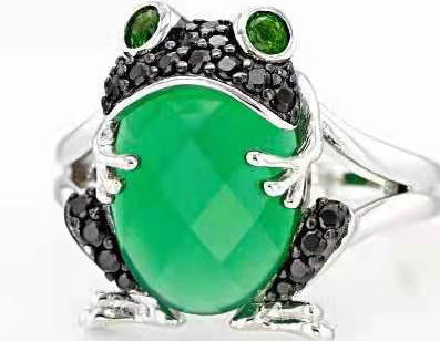 Unisex 925 Sterling Silver Green Onyx Rhodium Frog Ring