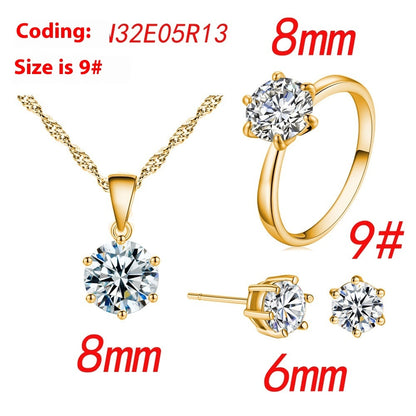 Women's Six-Claw Cubic Zirconia Necklace Ear Stud Ring Wedding Set