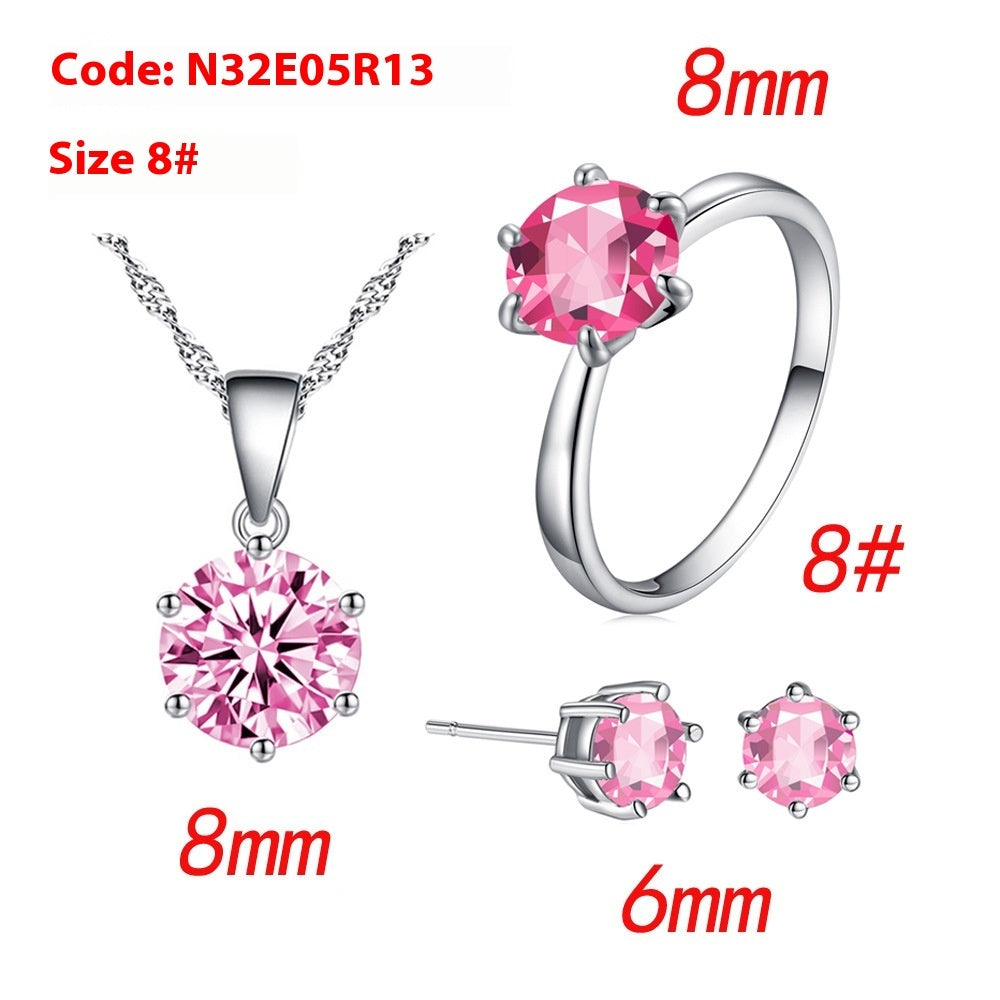 Women's Six-Claw Cubic Zirconia Necklace Ear Stud Ring Wedding Set