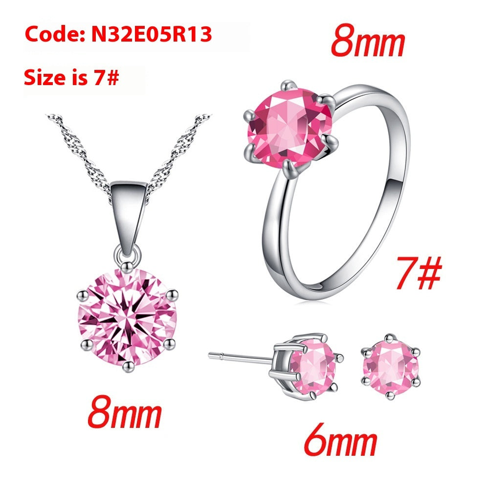 Women's Six-Claw Cubic Zirconia Necklace Ear Stud Ring Wedding Set