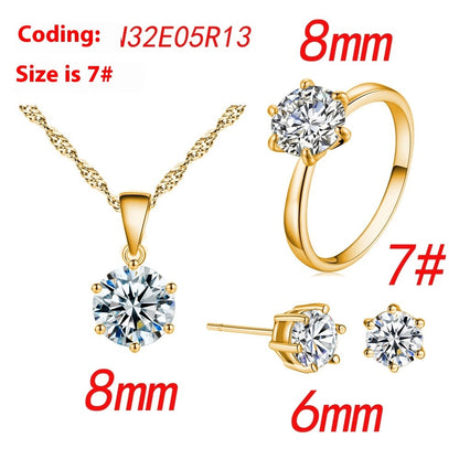 Women's Six-Claw Cubic Zirconia Necklace Ear Stud Ring Wedding Set