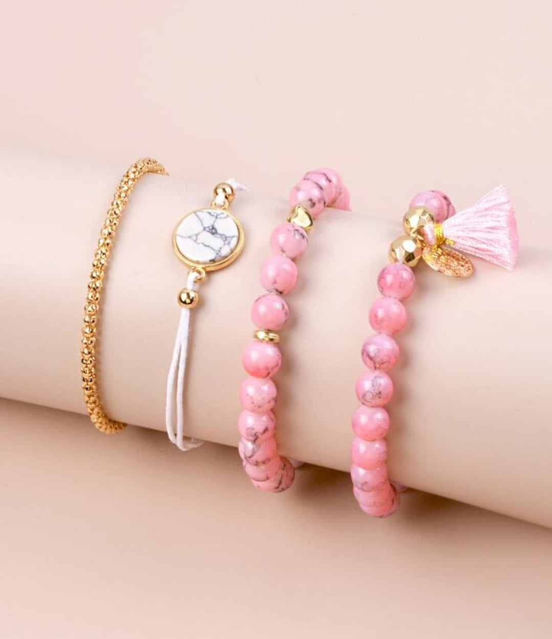 Women's 5 Pcs Luxury Gold Purple Pink Bead Quartz Analog Watch & Jewellery Set