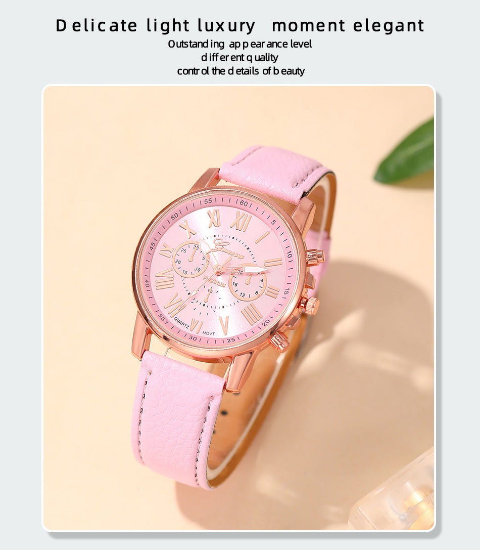 Women's 5 Pcs Luxury Pink Diamond Quartz Analog Watch & Jewellery Set