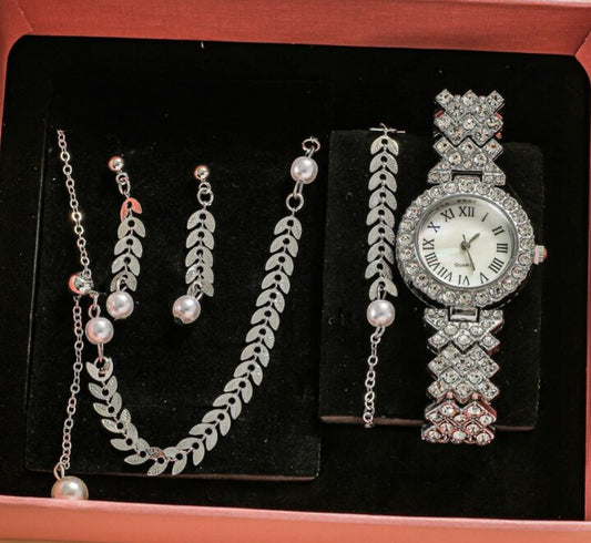 Women's 4 Pcs Pearl Silver Feather Luxury Fashion Rhinestone Quartz Analog Watch & Jewellery Set