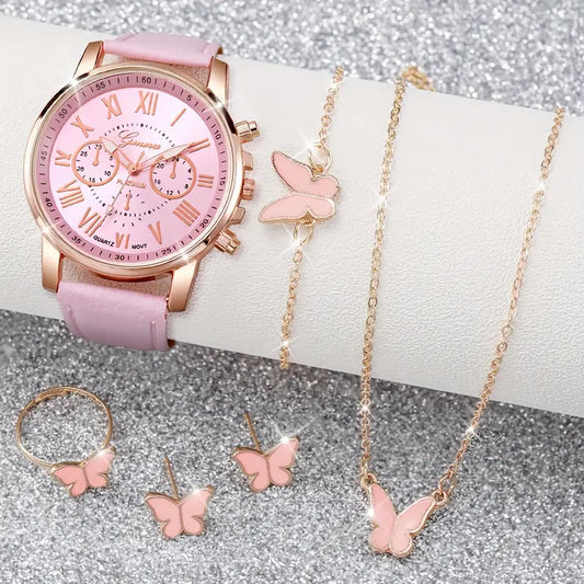 Women's 5 Pcs Luxury Pink Butterfly Quartz Analog Watch & Jewellery Set