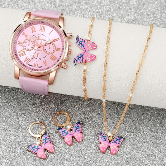 Women's 4 Pcs Luxury Pink Purple Butterfly Quartz Analog Watch & Jewellery Set