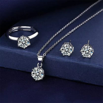 Women's Six-Claw Cubic Zirconia Necklace Ear Stud Ring Wedding Set