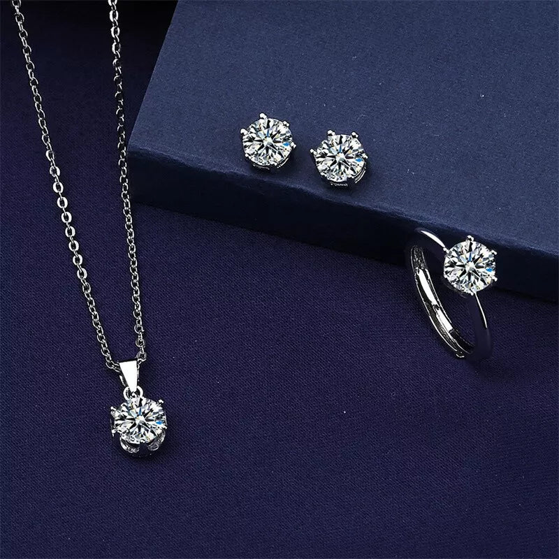 Women's Six-Claw Cubic Zirconia Necklace Ear Stud Ring Wedding Set